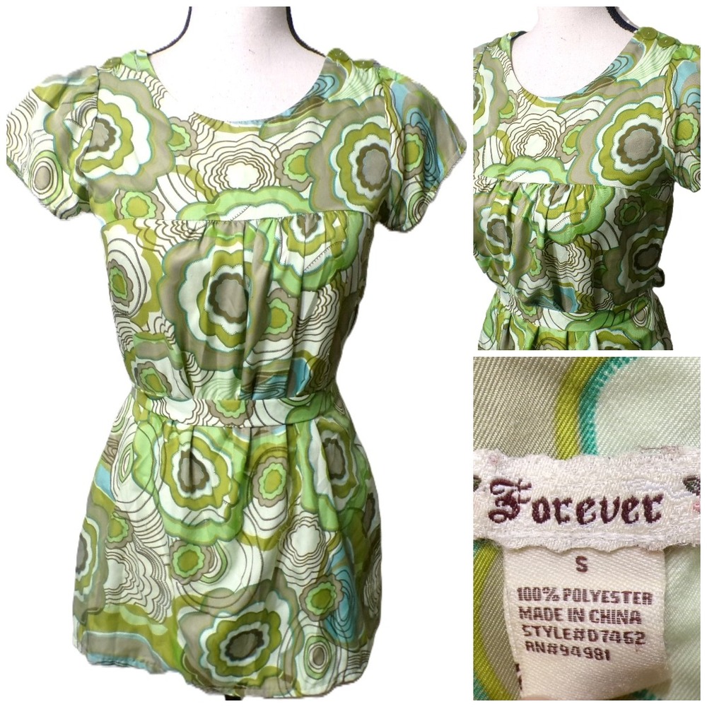 y2k FOREVER 21 "ROSE TAG" BABYDOLL MINI DRESS S Psychedelic Boho Grunge Groovy